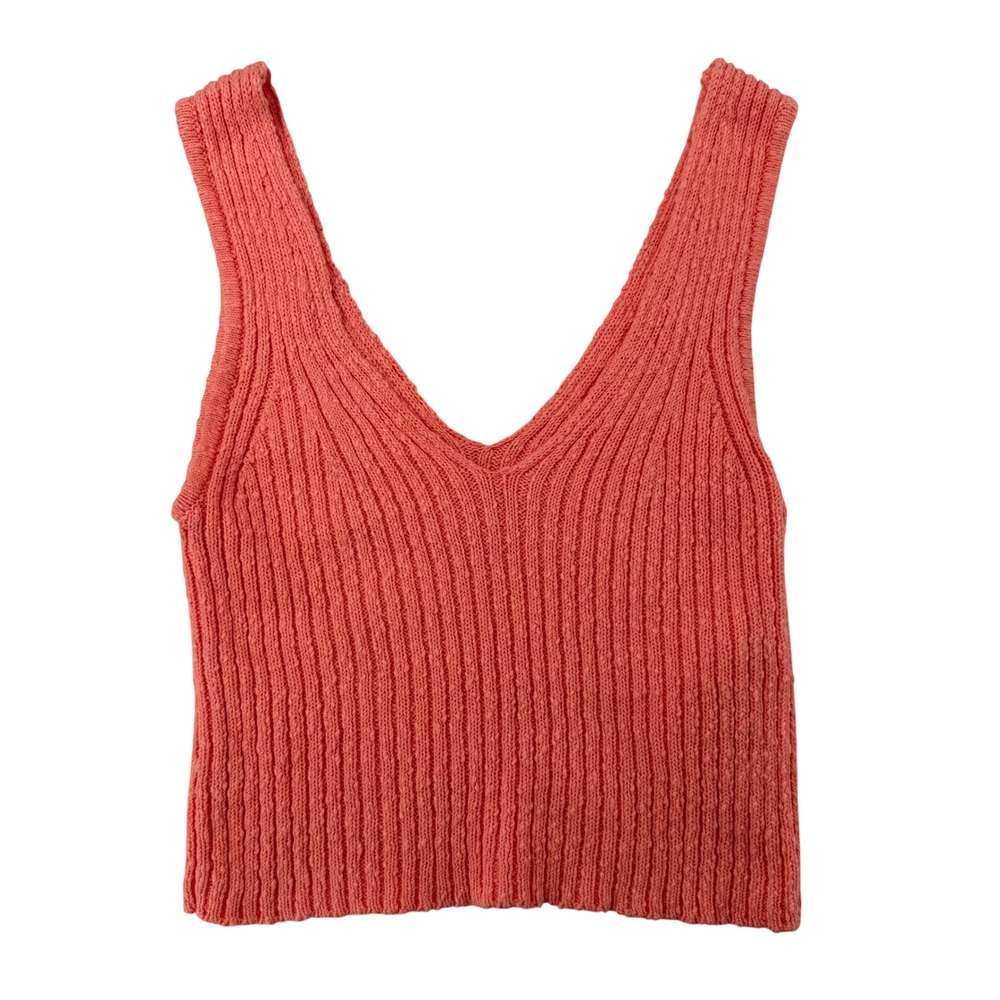 Billabong Women Small Coral Pink Ribbed Knit V-Neck Cropped Tank Top Sweater